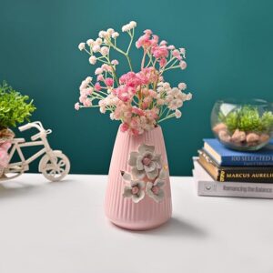 Market99 Pink Ceramic Flower Vase | Engraved Floral Design Decorative Pot for Fresh & Artificial Flowers
