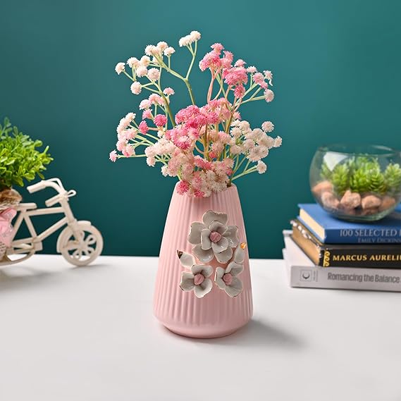 Market99 Pink Ceramic Flower Vase | Engraved Floral Design Decorative Pot for Fresh & Artificial Flowers - Image 3