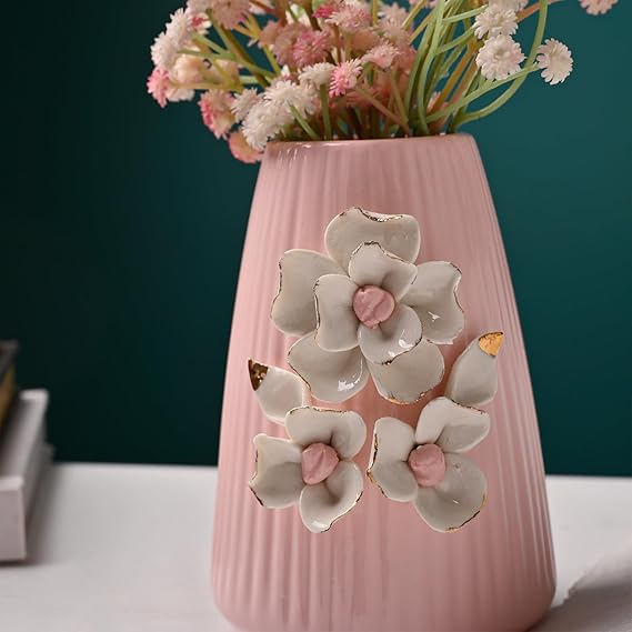 Market99 Pink Ceramic Flower Vase | Engraved Floral Design Decorative Pot for Fresh & Artificial Flowers - Image 3