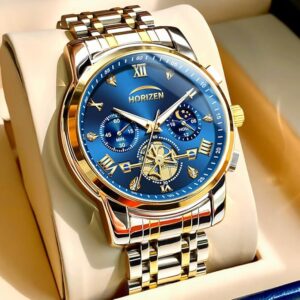 OLEVS Men's Business Watch Gold Blue with Large Easy-Read Analog Quartz Date Display Luxury Stainless Steel Band Waterproof Luminous